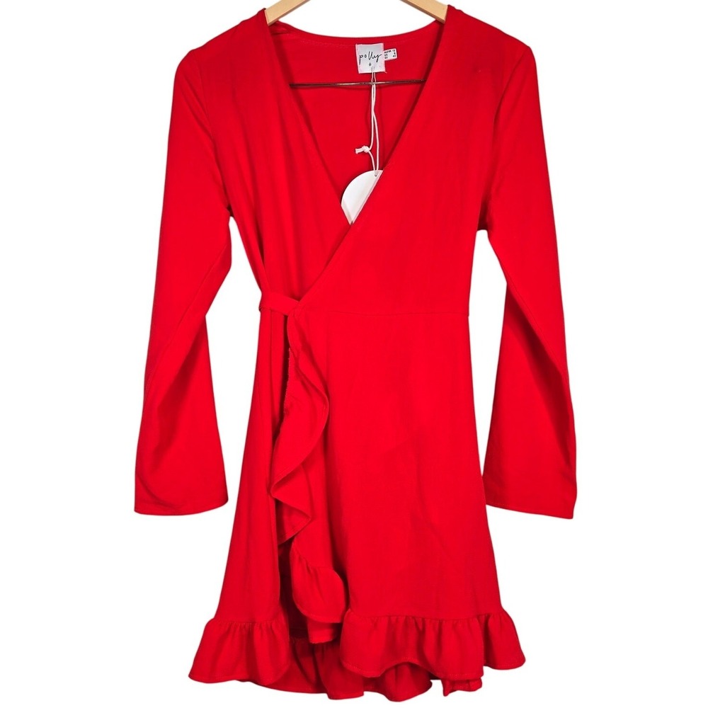 Princess Polly Agnetha Mini Dress Red Long Sleeve‎ Wrap Ruffle Flounce Women's 8